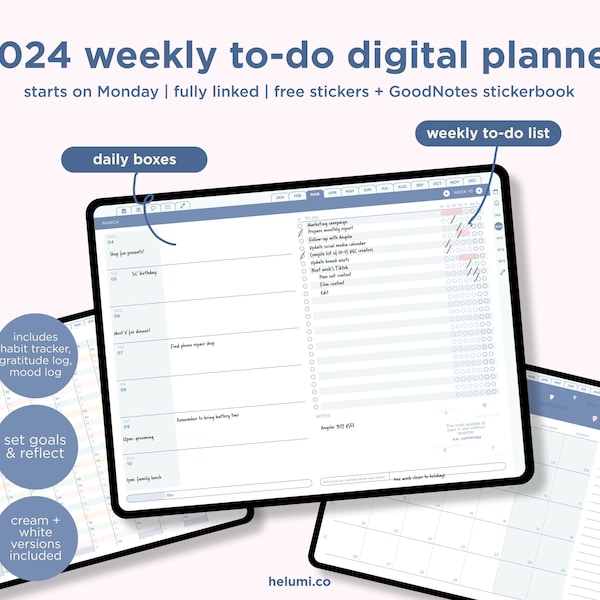 2024 Dated Weekly To-Do Digital Planner GoodNotes Planner | iPad Planer | Bekanntheit | Minimalistischer iPad Planer | Planer für Android | Helumi