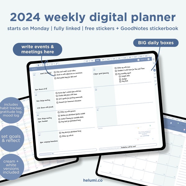 2024 Planificador digital semanal con fecha GoodNotes planificador / Planificador de iPad / Notabilidad / Planificador minimalista de iPad / Planificador de Android / Helumi