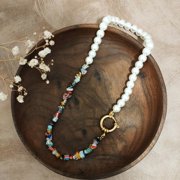 Collier bohème Millefiori | Mélange de perles multicolores en verre fleuri de Murano italien et blanche nacré