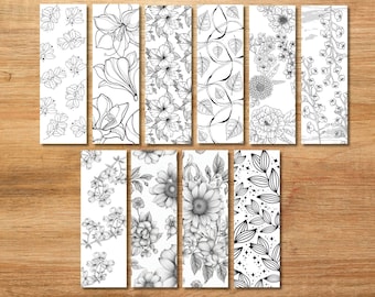 Printable Colorful Clored Bookmark | Floral Coloring Bookmark | Printable Bookmark Set of 10
