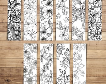 Floral Coloring Bookmarks, Printable Coloring Pages, 10 Printable Bookmarks, Adult Coloring