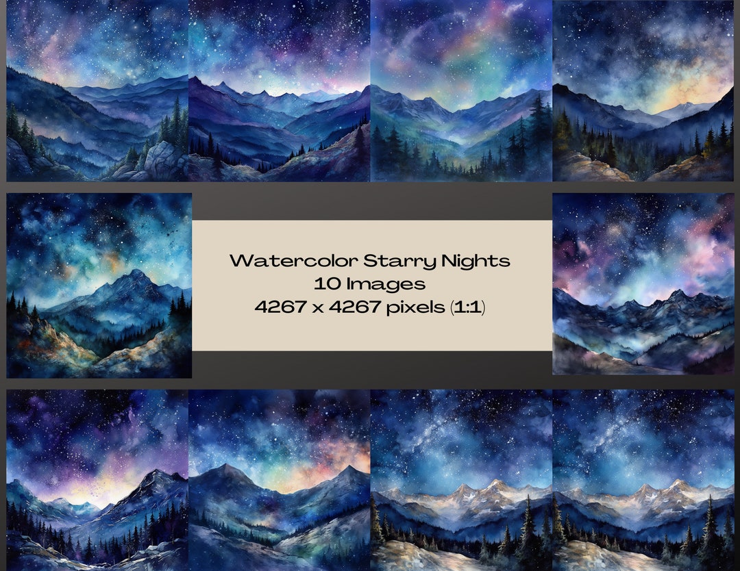 Watercolor Starry Night Mountain Landscapes, Watercolor Digital Desktop ...