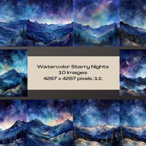 Watercolor Starry Night Mountain Landscapes, Watercolor Digital Desktop Wallpaper Download, Watercolor Wallpaper, JPG, Square & Print