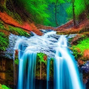May include: A lush green forest scene with a cascading waterfall flowing into a turquoise pool. The water is clear and the rocks are covered in moss.