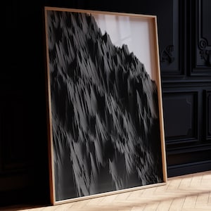 Puede incluir: Una impresión abstracta en blanco y negro enmarcada de una cordillera con un efecto texturizado y pixelado.