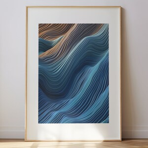 May include: Abstract art print featuring a blue and brown wavy pattern. The print is framed in a light wood frame.