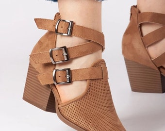 Women's Laser Cut Suede Brown High Heel Shoes with Three Buckles and Zipper on the Back Pointed Toe Summer Shoes