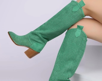 Longues bottes de cow-boy bottes d'été vertes occidentales en daim bottes d'été pour femmes évidées chaussures décontractées pour femmes faites à la main