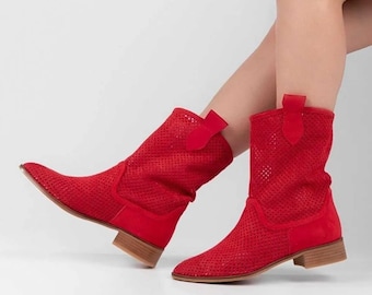 Cowboy Boots Western Summer Red Boots Suede Boot Women Summer Perforated Boots for Women Comfortable Shoes for Women Handmade