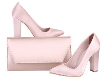 Matching Shoes and Bag Set for Women - Beige Women's High Heeled Shoes - Wedding Clutch Bag with Chain - Plus Size 35-45