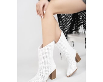 White Suede Laser Cut Perforated Low Heel Summer Boots