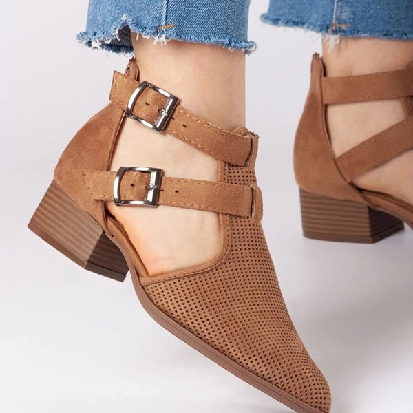 Women's Laser Cut Double Buckle Back Zipper Low Heel Shoes Brown Pointed Toe Suede Summer Shoes