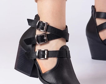 Women's Laser Cut Three-Buckle Back Zipper Black Heeled Shoes Pointed Toe Summer Shoes