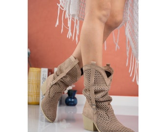 Western Summer Beige Boots Suede Boot Women Summer Perforated Boots for Women Comfortable Shoes for Women Handmade