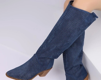 Longues bottes de cow-boy d'été western denim bleu bottes botte en daim femmes été bottes creuses chaussures décontractées pour femmes à la main