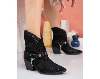 Cowboy Boots Western Summer Black Boots Suede Boot Women Summer Perforated Boots for Women Comfortable Shoes for Women Handmade