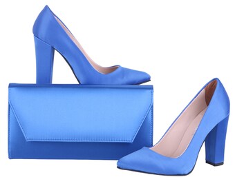 Matching Shoes and Bag Set for Women - Blue Women's High Heeled Shoes - Wedding Clutch Bag with Chain - Plus Size 35-45