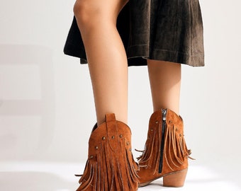 Women's Fringed Stud Detailed Suede Ankle Boots Brown Western Lady Cowboy Boots Thick Heels Women Shoes Autumn Winter