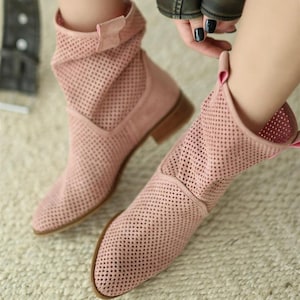 Cowboy Boots Western Summer Pink Boots Suede Women Summer Perforated Boots for Women Comfortable Shoes for Women Handmade image 1