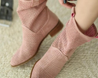 Cowboy-Stiefel Western Sommer Rosa Stiefel Wildleder Frauen Sommer Perforierte Stiefel für Frauen Bequeme Schuhe für Frauen Handgemacht
