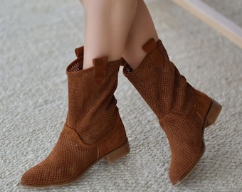 Cowboy Boots Western Summer Brown Boots Suede Women Summer Perforated Boots for Women Comfortable Shoes for Women Handmade