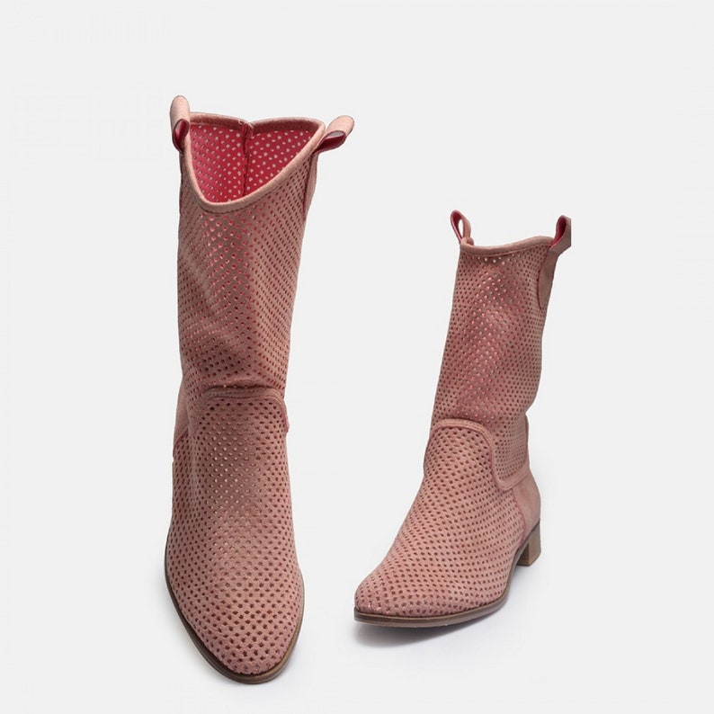 Cowboy Boots Western Summer Pink Boots Suede Women Summer Perforated Boots for Women Comfortable Shoes for Women Handmade image 4