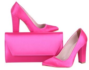 Matching Shoes and Bag Set for Women - Fuchsia Women's High Heeled Shoes - Wedding Clutch Bag with Chain - Plus Size 35-45