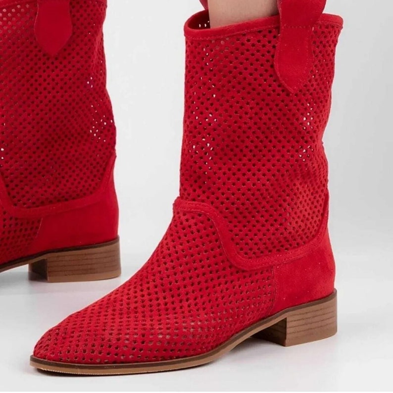 Cowboy Boots Western Summer Red Boots Suede Boot Women Summer Perforated Boots for Women Comfortable Shoes for Women Handmade image 3