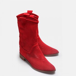 Cowboy Boots Western Summer Red Boots Suede Boot Women Summer Perforated Boots for Women Comfortable Shoes for Women Handmade image 4