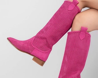 Longues bottes de cow-boy Western été Fuhsia bottes en daim botte femmes été bottes creuses chaussures décontractées pour femmes à la main grande taille 36-44