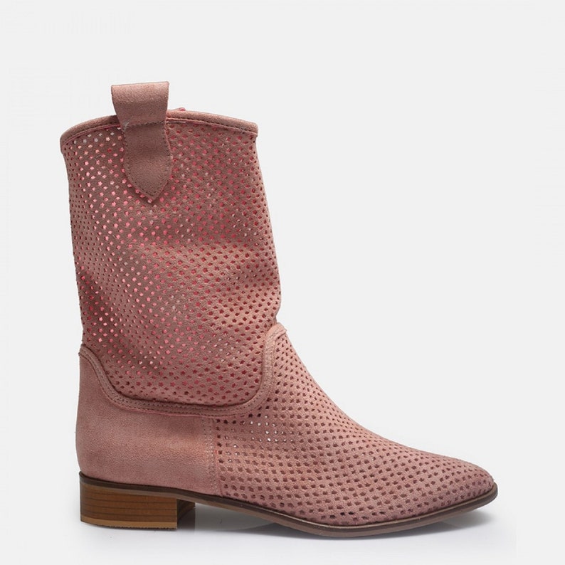 Cowboy Boots Western Summer Pink Boots Suede Women Summer Perforated Boots for Women Comfortable Shoes for Women Handmade image 2