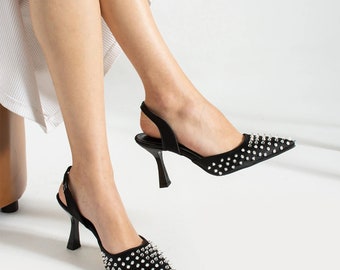 Black Spikes Open Back Heeled Women's Stiletto Shoes Women's Shoes High Heeled Party Shoes