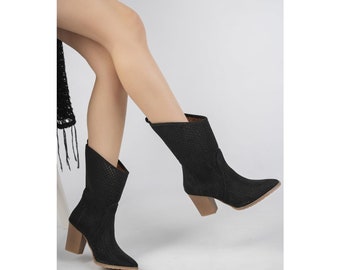 Black Suede Laser Cut Perforated Low Heel Summer Boots