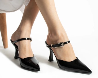 Black Patent Leather Buckle Heeled Slippers