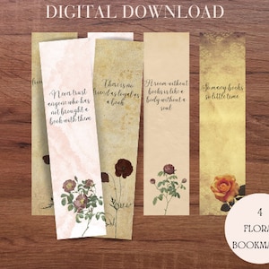 Book Lovers Quotes Bookmarks Set, Bookish Reader Sayings Book Club Favors, Literary Flower Cards Friend Gift Tags, Printable PDF, Floral