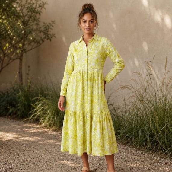 Lime Green Floral Cotton Maxi Dress, Jaipur Block Print, Boho Tiered Style Printed Midi Dress