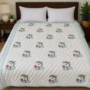 Hand Block Printed Dolphin Baby Quilt - Cotton Nursery Bedding Animal Printed Quilts