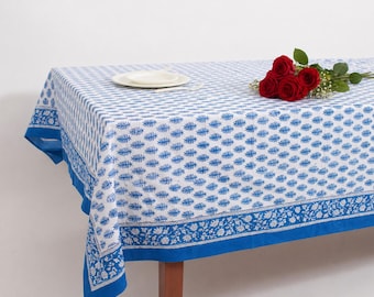 Blue Border Cotton Tablecloth Block Print, Indian Handmade Table Cover, Elegant Dining Linen, Farmhouse Kitchen Decor