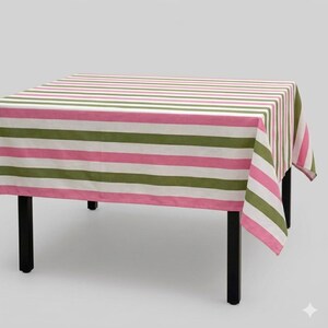 Pink White & Green stripe Dining Tablecloth 100% Cotton, Rectangular Tablecloth,