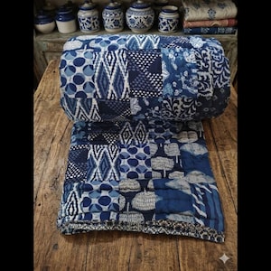 Indigo Blue Patchwork Quilt Shibori Cotton Blanket Indigo Dye Block Print Bedspread Bohemian Kantha Coverlet  block print quilt