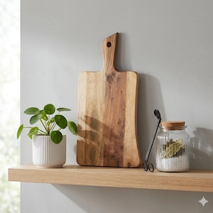 Può includere: Un tagliere in legno con manico, una piccola pianta in vaso e un barattolo di vetro con coperchio in sughero sono esposti su una mensola di legno. Il tagliere ha venature naturali. La pianta ha foglie verdi rotonde.