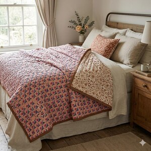 Nytt blommigt bomullsquilt: Jaipuri Reversible Razai Small Buta Pattern, rosa bomullsquiltar