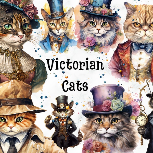 Victorian Cats,49x High Quality PNG,Watercolor Animal Photos,Instant Download,300 Dpi,Nursery Wall Decor