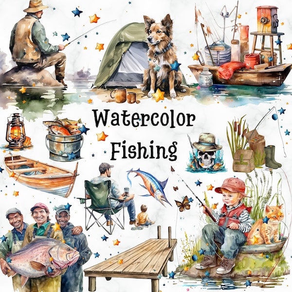 Watercolor Fishing,42x High Quality PNG,Watercolor Animal Photos,Instant Download,300 Dpi,Nursery Wall Decor