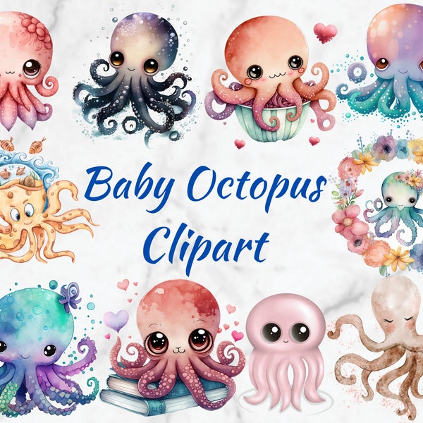 Baby Octopus Animal Clipart,10x High Quality PNG,Watercolor Animal Photos,Instant Download,300 Dpi,Nursery Wall Decor