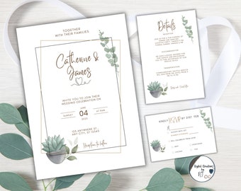 Greenery Wedding Invitations | Minimalist Wedding Invites | Modern Invitation Template RSVP & Details Canva