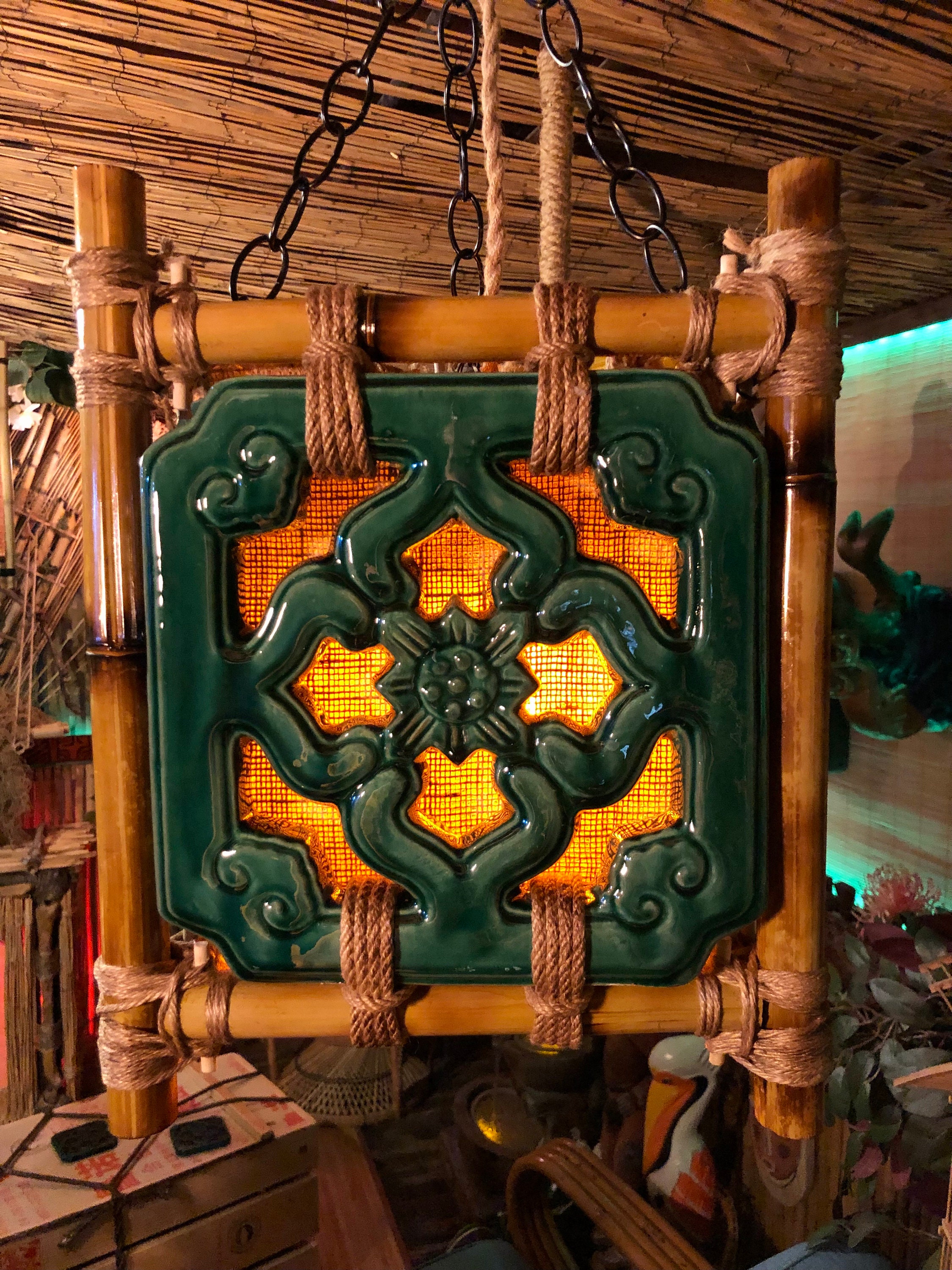 Jade Tile Tiki Lamp, Handmade Bamboo Pendant Light, Polynesian