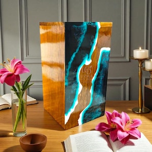 Handmade Wooden Cremation Urn: Ocean Blue Resin River Art