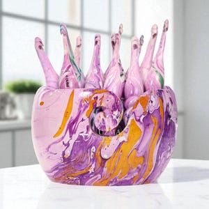 Epoxy Resin Crochet Hook Set with Yarn Bowl: Multicolor Marble Effect, Ergonomic, Handcrafted