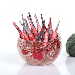 Handmade Resin Yarn Bowl with Crochet Hooks: Hydro Dipped Wood Knitting Set